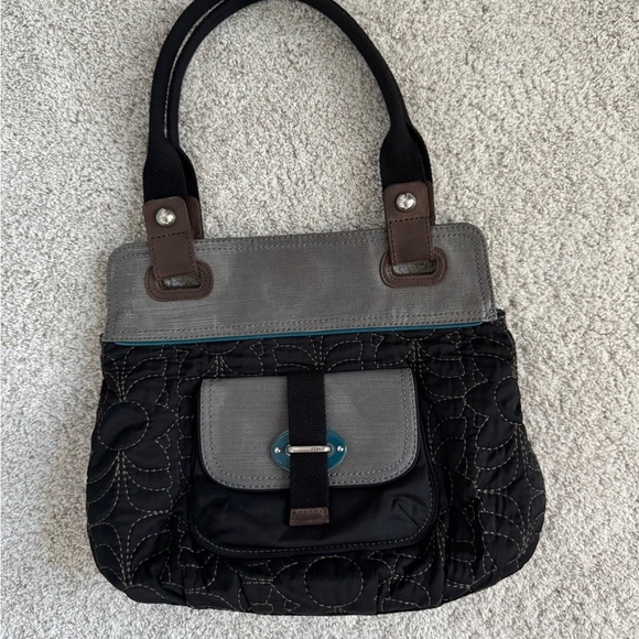 Fossil Black and Gray Fabric Quilted Key-Per Shoulder Bag Purse - Picture 2 of 8
